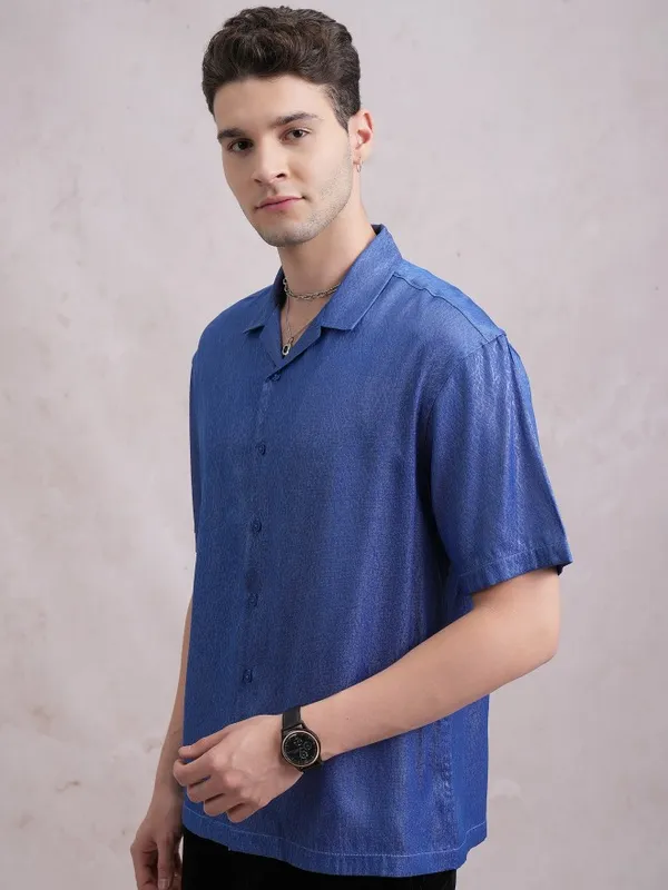  Highlander Men Blue Self Design Oversized Fit Casual Shirts