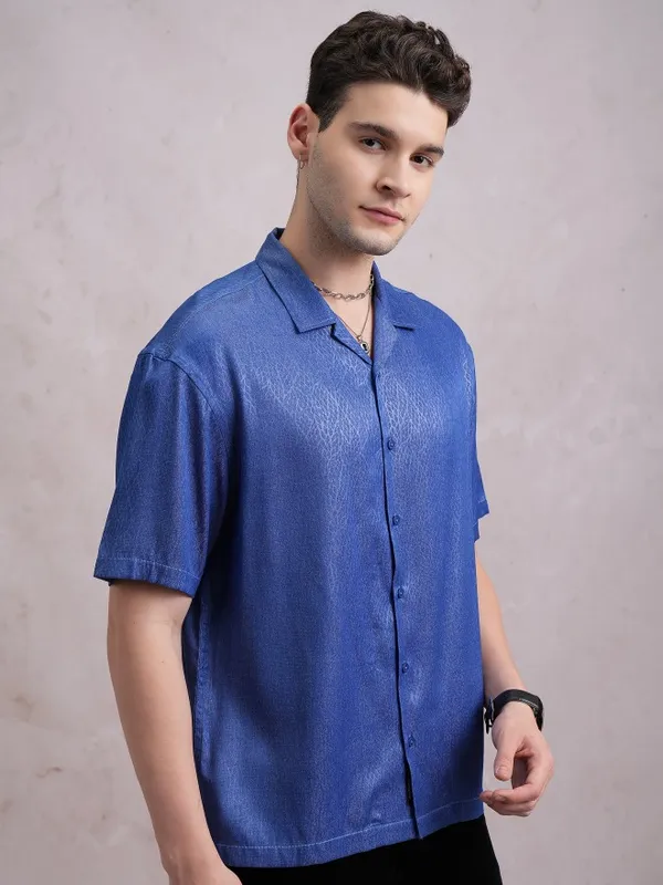  Highlander Men Blue Self Design Oversized Fit Casual Shirts