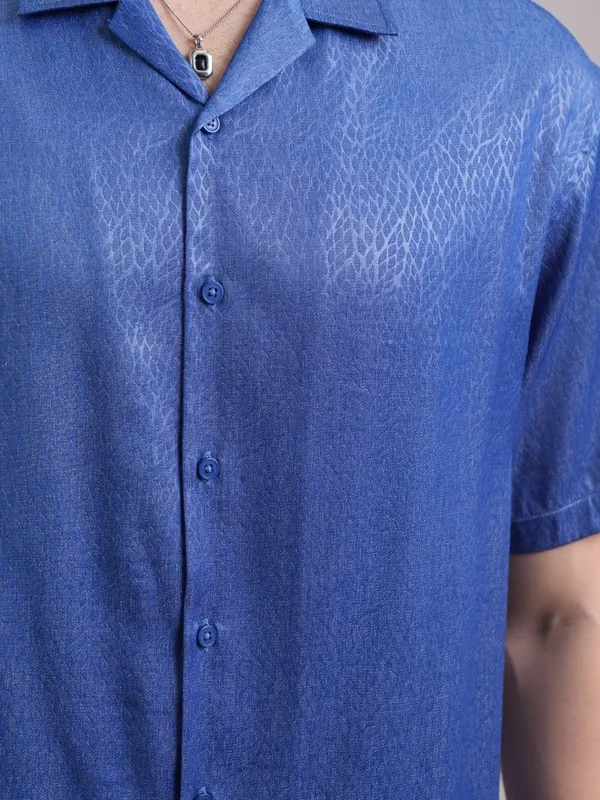  Highlander Men Blue Self Design Oversized Fit Casual Shirts