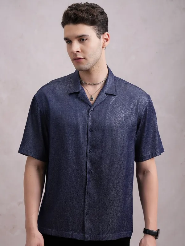  Highlander Men Navy Blue Self Design Oversized Fit Casual Shirts
