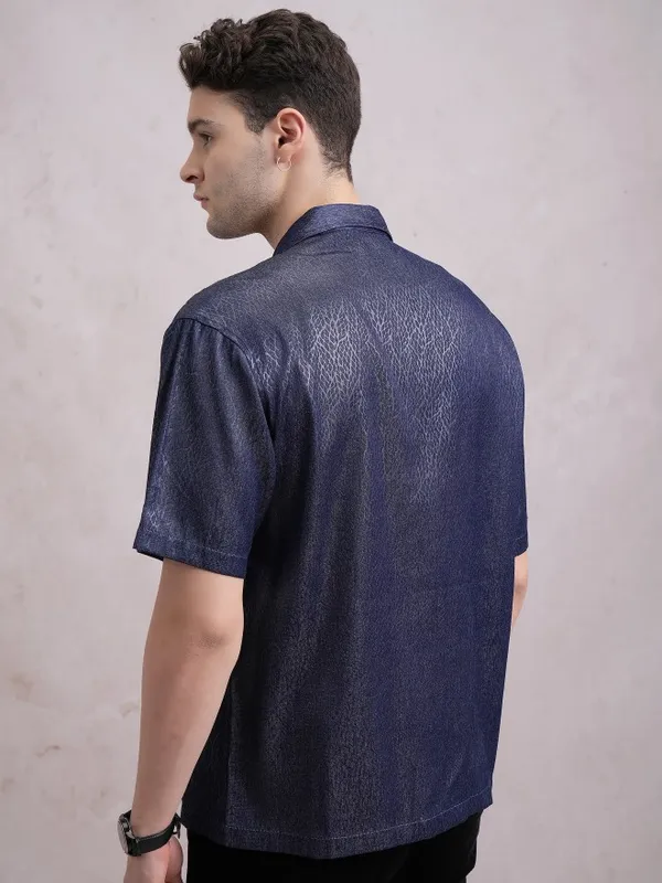  Highlander Men Navy Blue Self Design Oversized Fit Casual Shirts