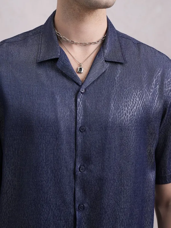  Highlander Men Navy Blue Self Design Oversized Fit Casual Shirts