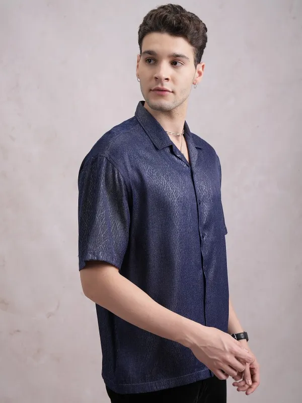  Highlander Men Navy Blue Self Design Oversized Fit Casual Shirts