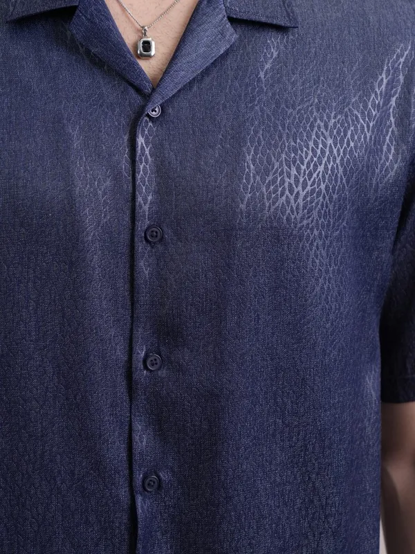  Highlander Men Navy Blue Self Design Oversized Fit Casual Shirts