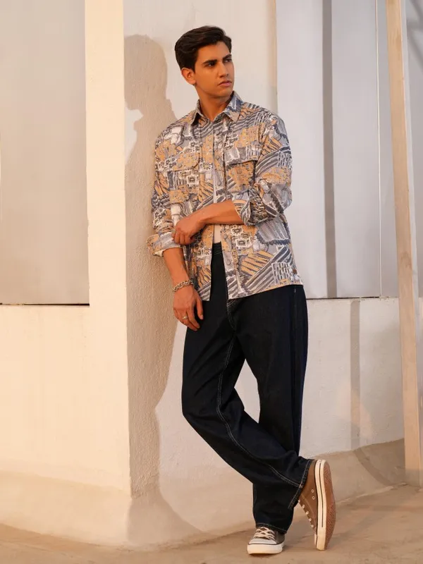  Locomotive Men Grey Printed Oversized Fit Casual Shirts