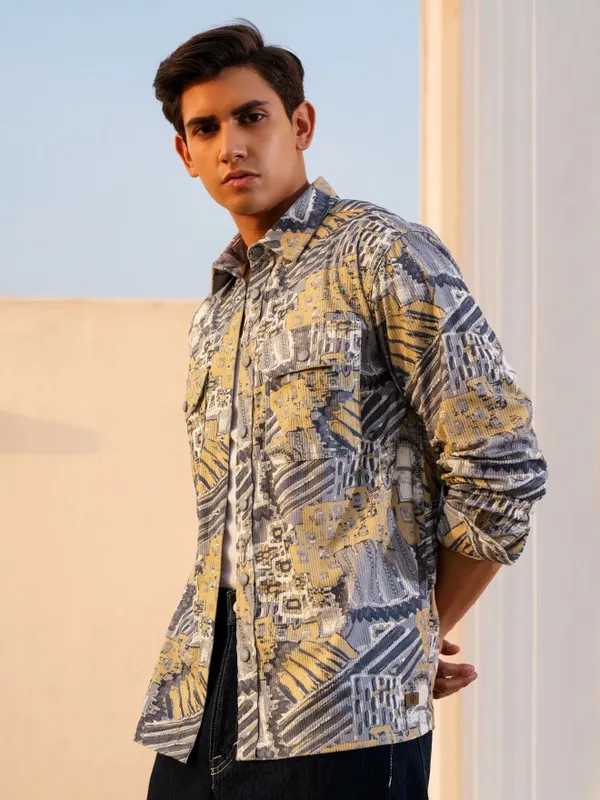  Locomotive Men Grey Printed Oversized Fit Casual Shirts