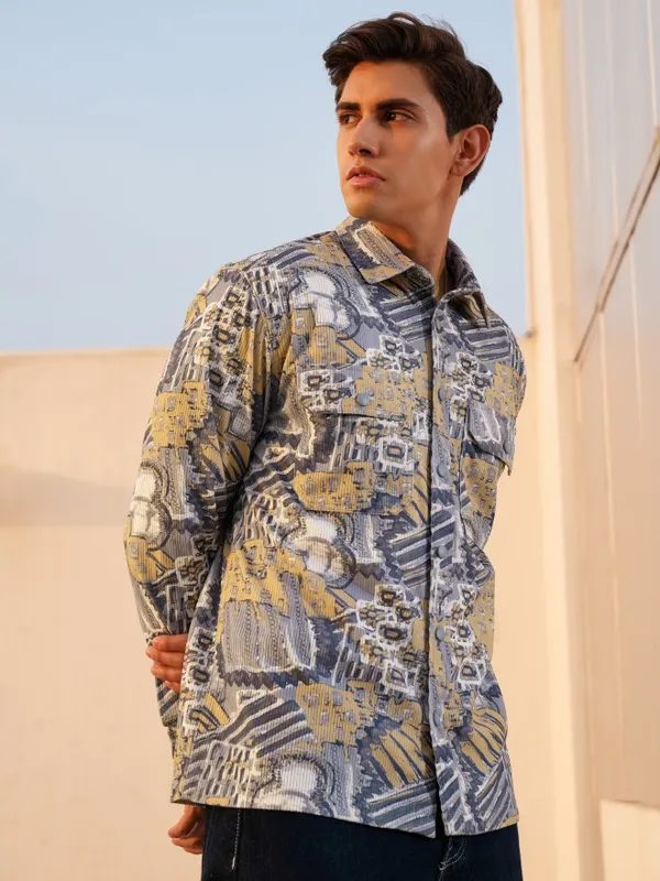  Locomotive Men Grey Printed Oversized Fit Casual Shirts