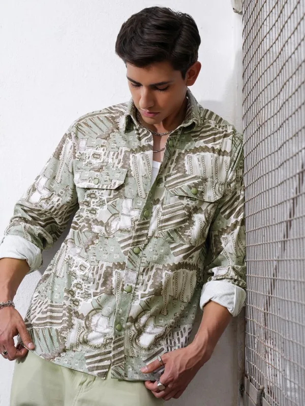  Locomotive Men Green Printed Oversized Fit Casual Shirts
