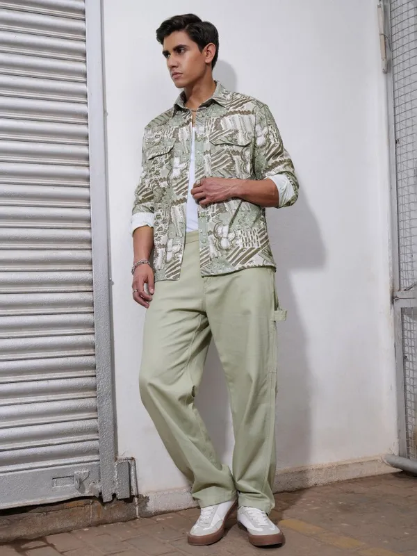  Locomotive Men Green Printed Oversized Fit Casual Shirts