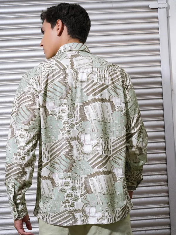 Locomotive Men Green Printed Oversized Fit Casual Shirts
