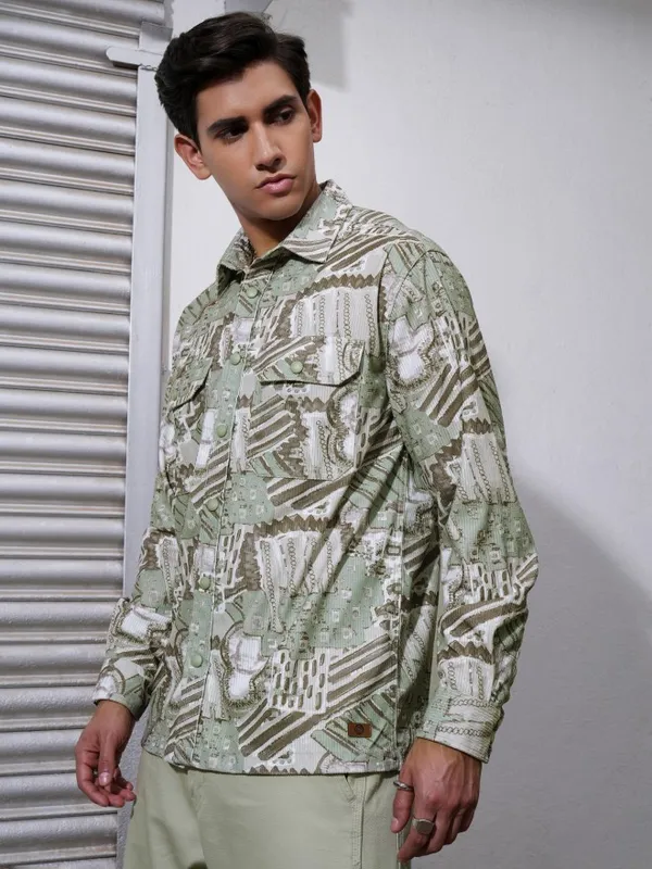  Locomotive Men Green Printed Oversized Fit Casual Shirts