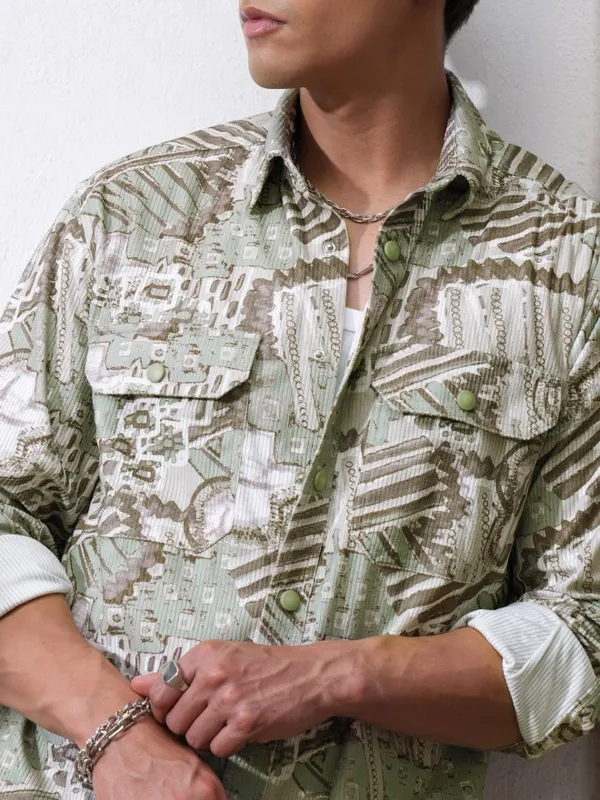  Locomotive Men Green Printed Oversized Fit Casual Shirts