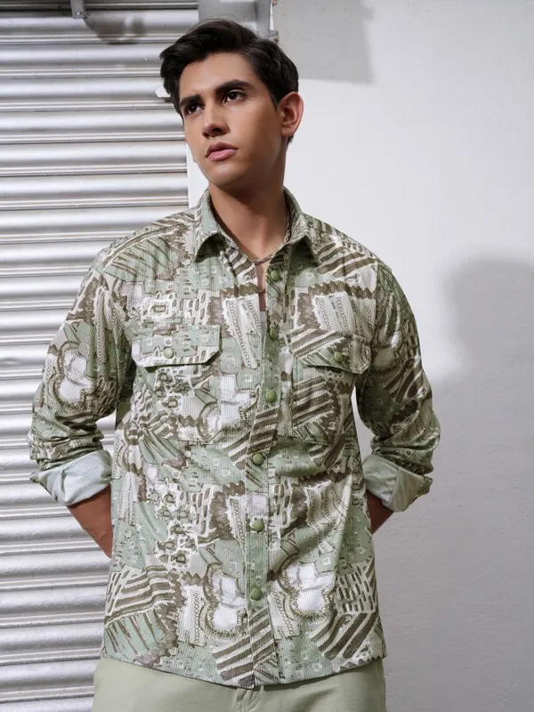  Locomotive Men Green Printed Oversized Fit Casual Shirts