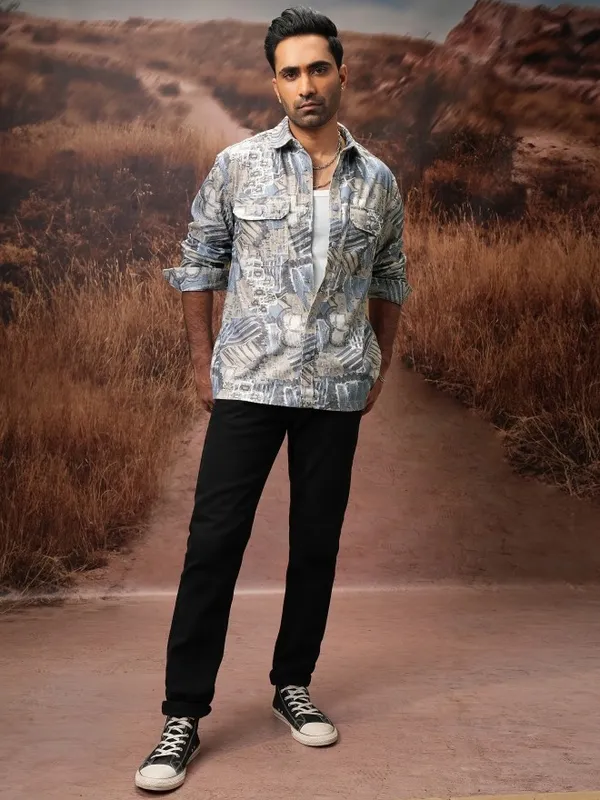  Locomotive Men Blue Printed Oversized Fit Casual Shirts