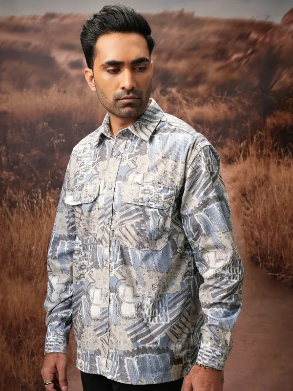  Locomotive Men Blue Printed Oversized Fit Casual Shirts