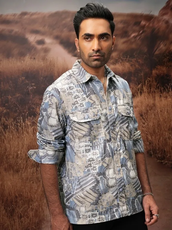  Locomotive Men Blue Printed Oversized Fit Casual Shirts