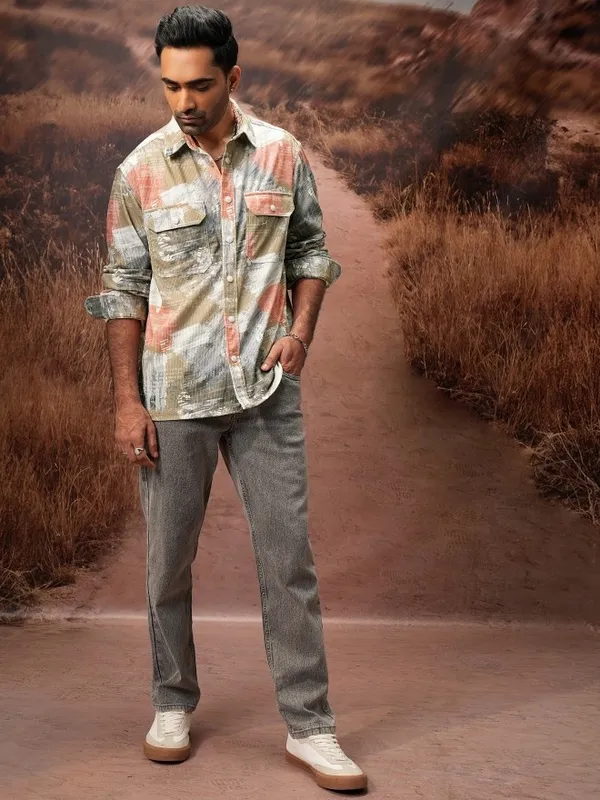  Locomotive Men Khaki Printed Oversized Fit Casual Shirts
