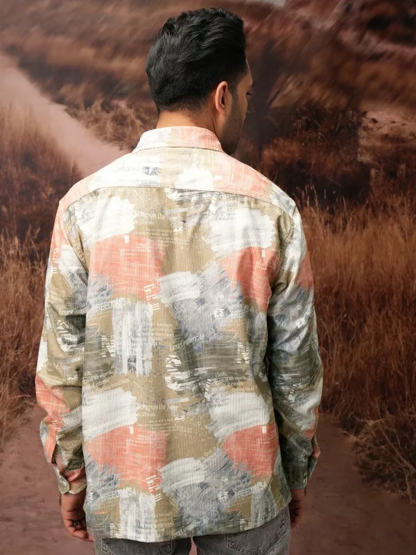  Locomotive Men Khaki Printed Oversized Fit Casual Shirts