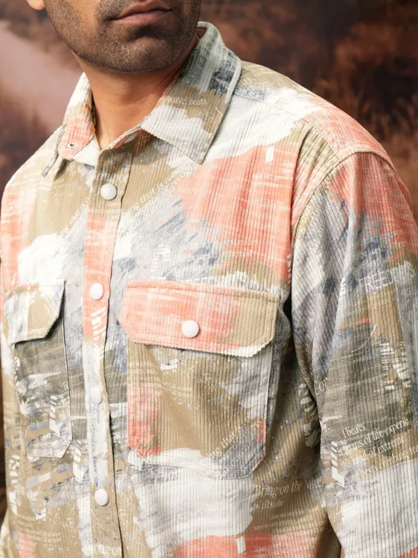  Locomotive Men Khaki Printed Oversized Fit Casual Shirts