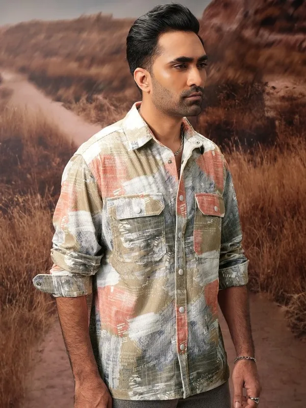  Locomotive Men Khaki Printed Oversized Fit Casual Shirts