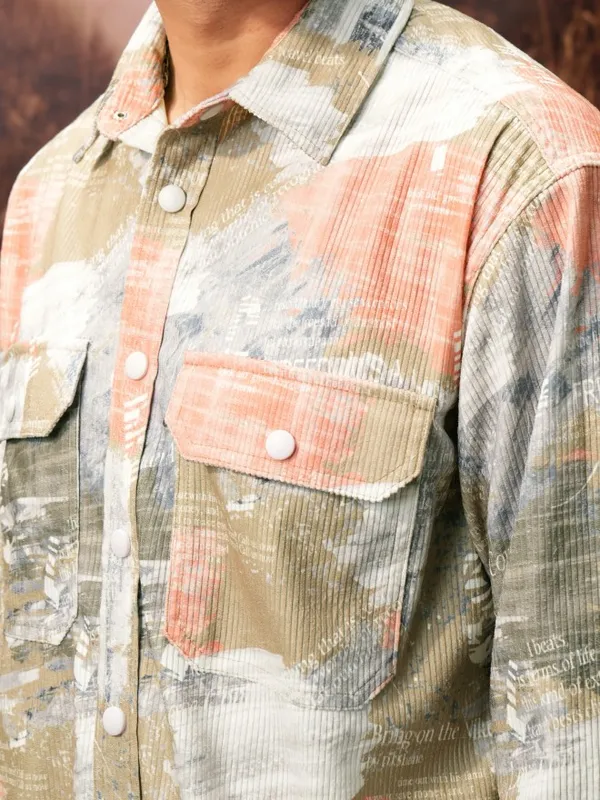  Locomotive Men Khaki Printed Oversized Fit Casual Shirts