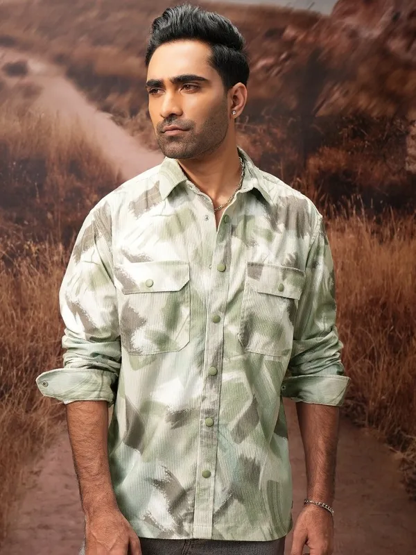  Locomotive Men Olive Printed Oversized Fit Casual Shirts