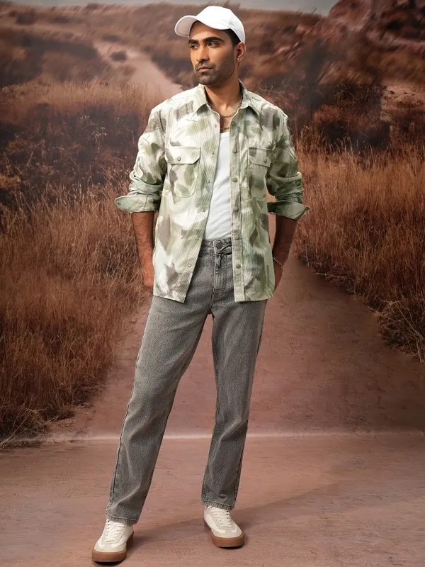 Locomotive Men Olive Printed Oversized Fit Casual Shirts