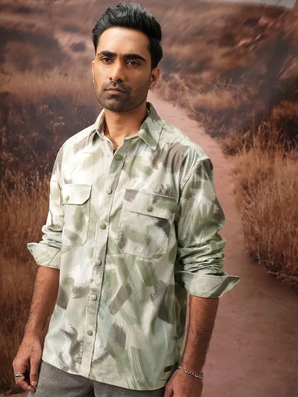  Locomotive Men Olive Printed Oversized Fit Casual Shirts