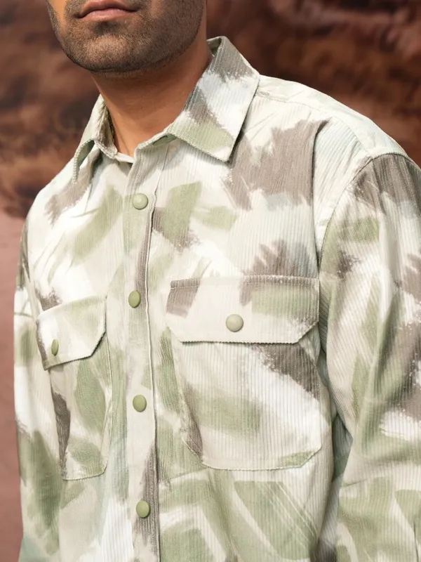  Locomotive Men Olive Printed Oversized Fit Casual Shirts