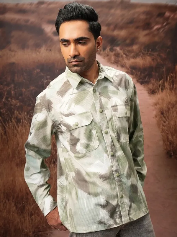  Locomotive Men Olive Printed Oversized Fit Casual Shirts