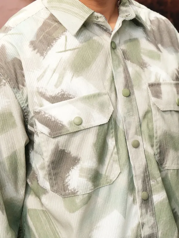  Locomotive Men Olive Printed Oversized Fit Casual Shirts