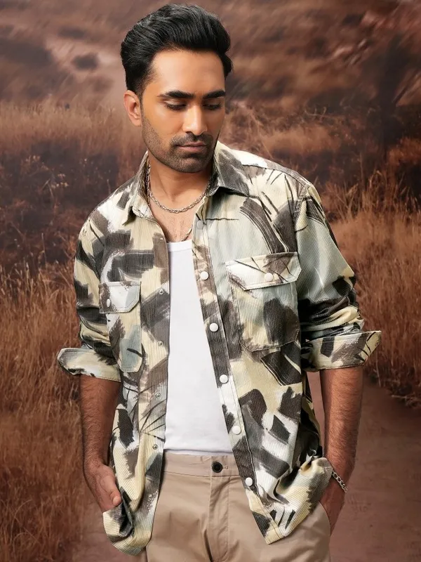  Locomotive Men Yellow Printed Oversized Fit Casual Shirts