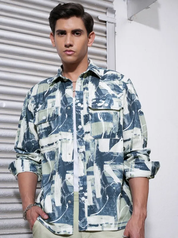  Locomotive Men Teal Printed Oversized Fit Casual Shirts