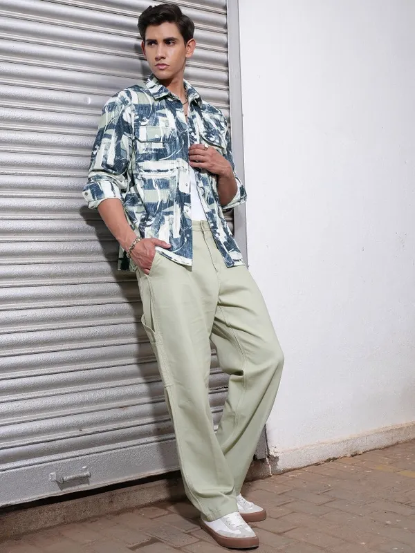  Locomotive Men Teal Printed Oversized Fit Casual Shirts