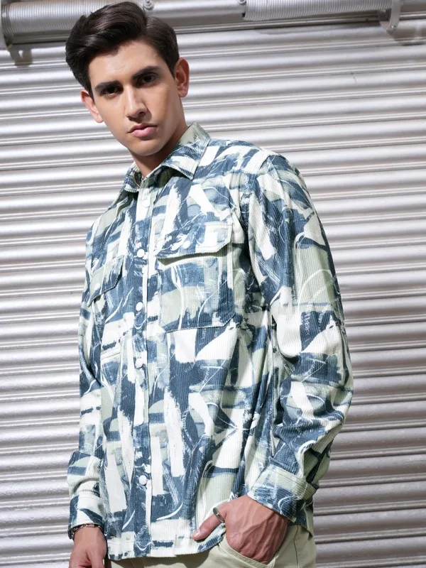  Locomotive Men Teal Printed Oversized Fit Casual Shirts