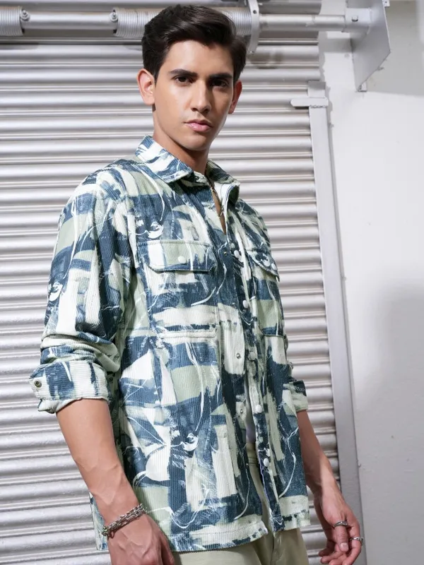  Locomotive Men Teal Printed Oversized Fit Casual Shirts