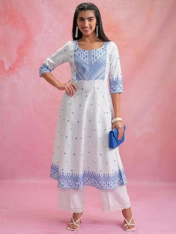 Vishudh Women White Printed Anarkali Kurta