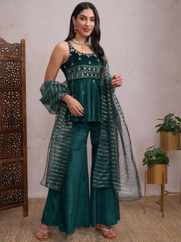 Vishudh Women Teal Embroidered Kurta With Sharara And Dupatta