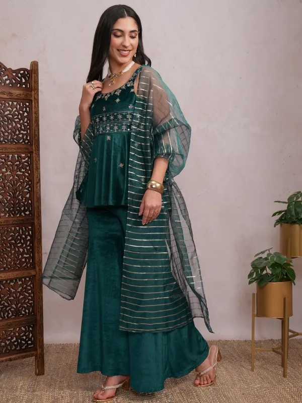 Vishudh Women Teal Embroidered Kurta With Sharara And Dupatta