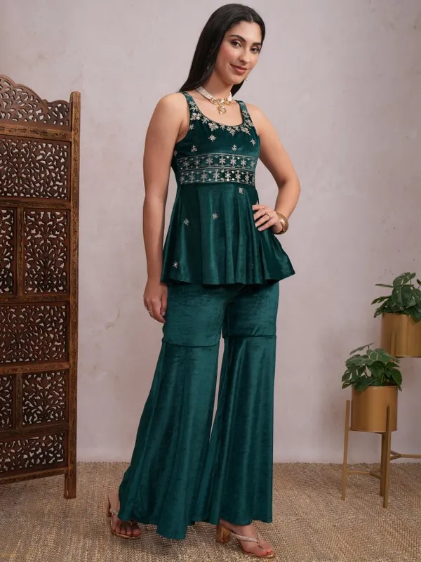 Vishudh Women Teal Embroidered Kurta With Sharara And Dupatta