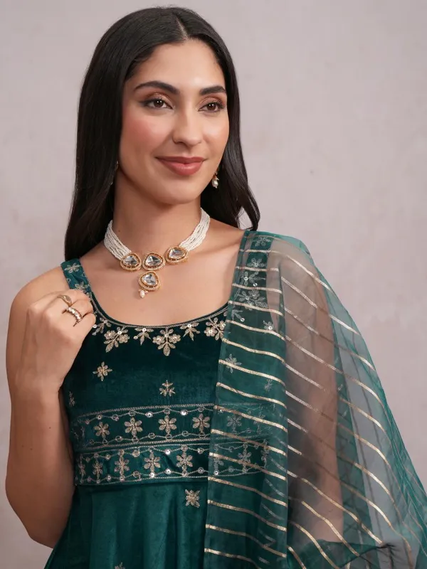 Vishudh Women Teal Embroidered Kurta With Sharara And Dupatta