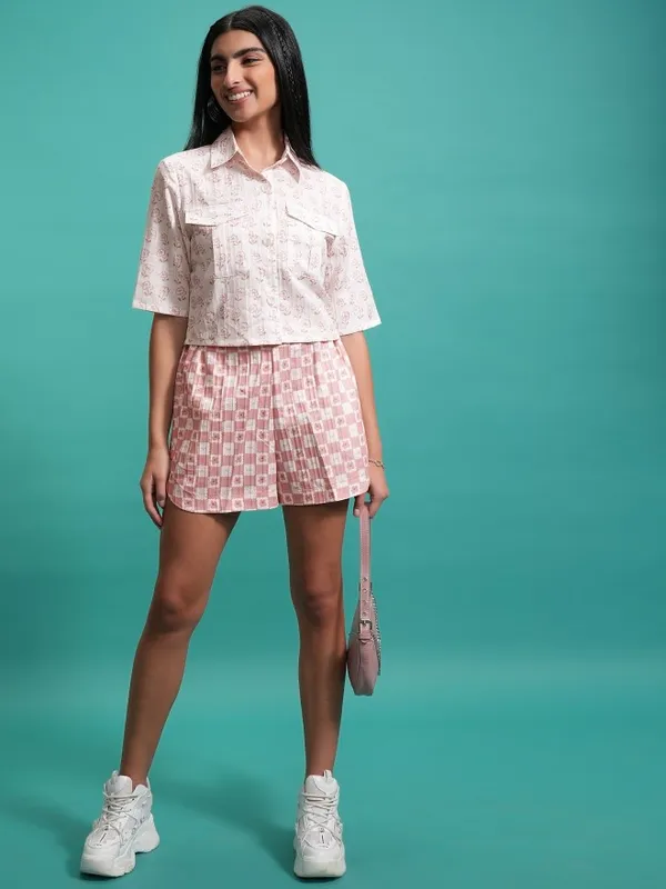 Tokyo Talkies Women Peach Shirt With Shorts Co-Ords