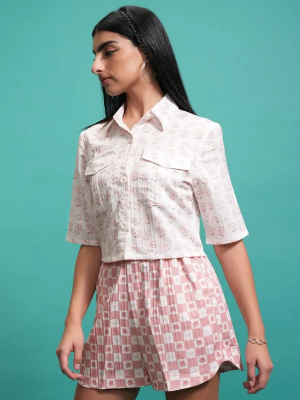 Tokyo Talkies Women Peach Shirt With Shorts Co-Ords
