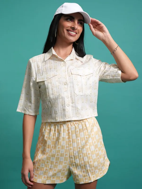 Tokyo Talkies Women Yellow Shirt With Shorts Co-Ords