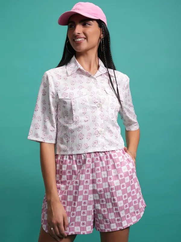 Tokyo Talkies Women Pink Shirt With Shorts Co-Ords
