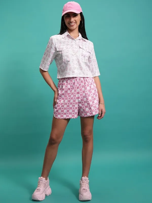 Tokyo Talkies Women Pink Shirt With Shorts Co-Ords