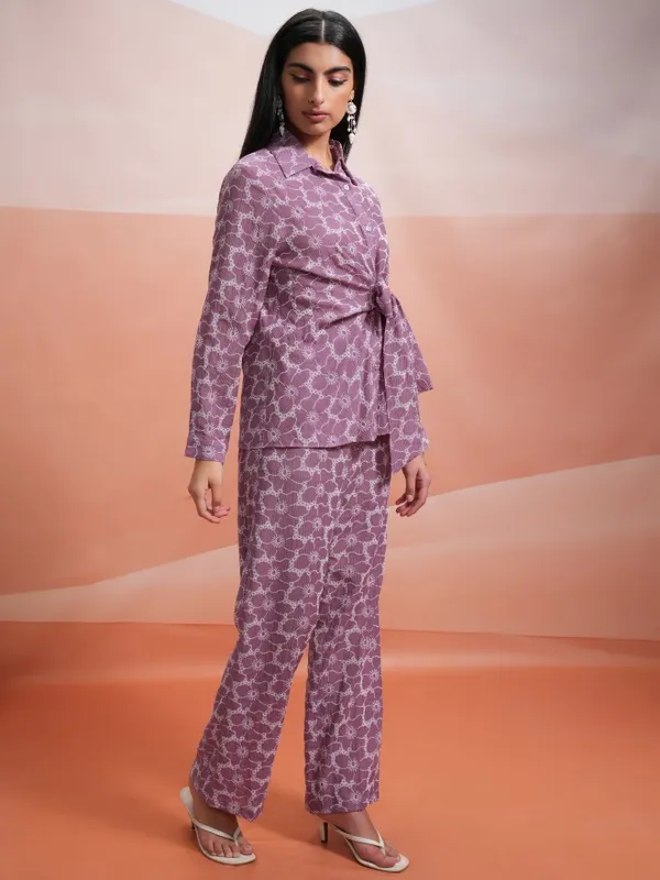 Tokyo Talkies Women Mauve Shirt With Trouser Co-Ords