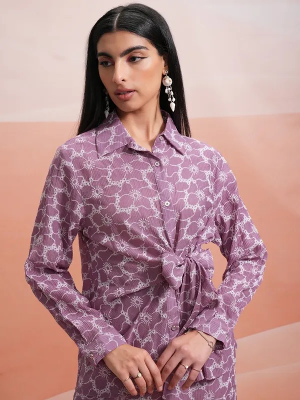 Tokyo Talkies Women Mauve Shirt With Trouser Co-Ords