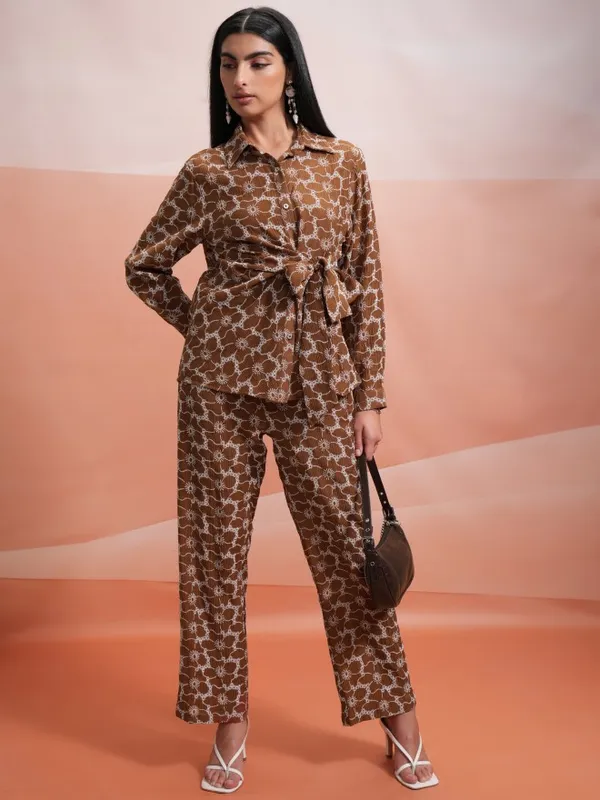 Tokyo Talkies Women Brown Shirt With Trouser Co-Ords