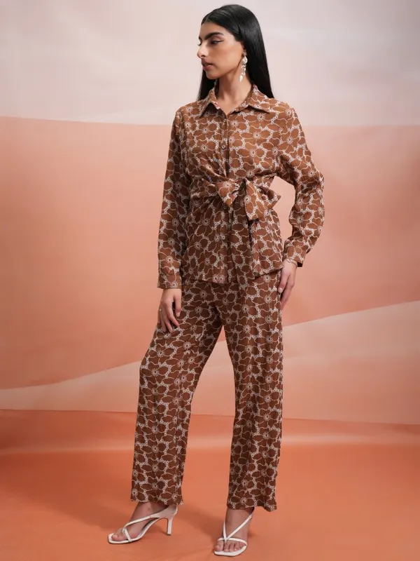Tokyo Talkies Women Brown Shirt With Trouser Co-Ords